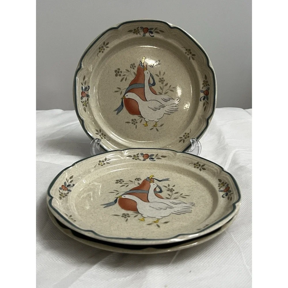 Vtg International Marmalade Goose Stoneware Salad Plates Cottage Country Farm